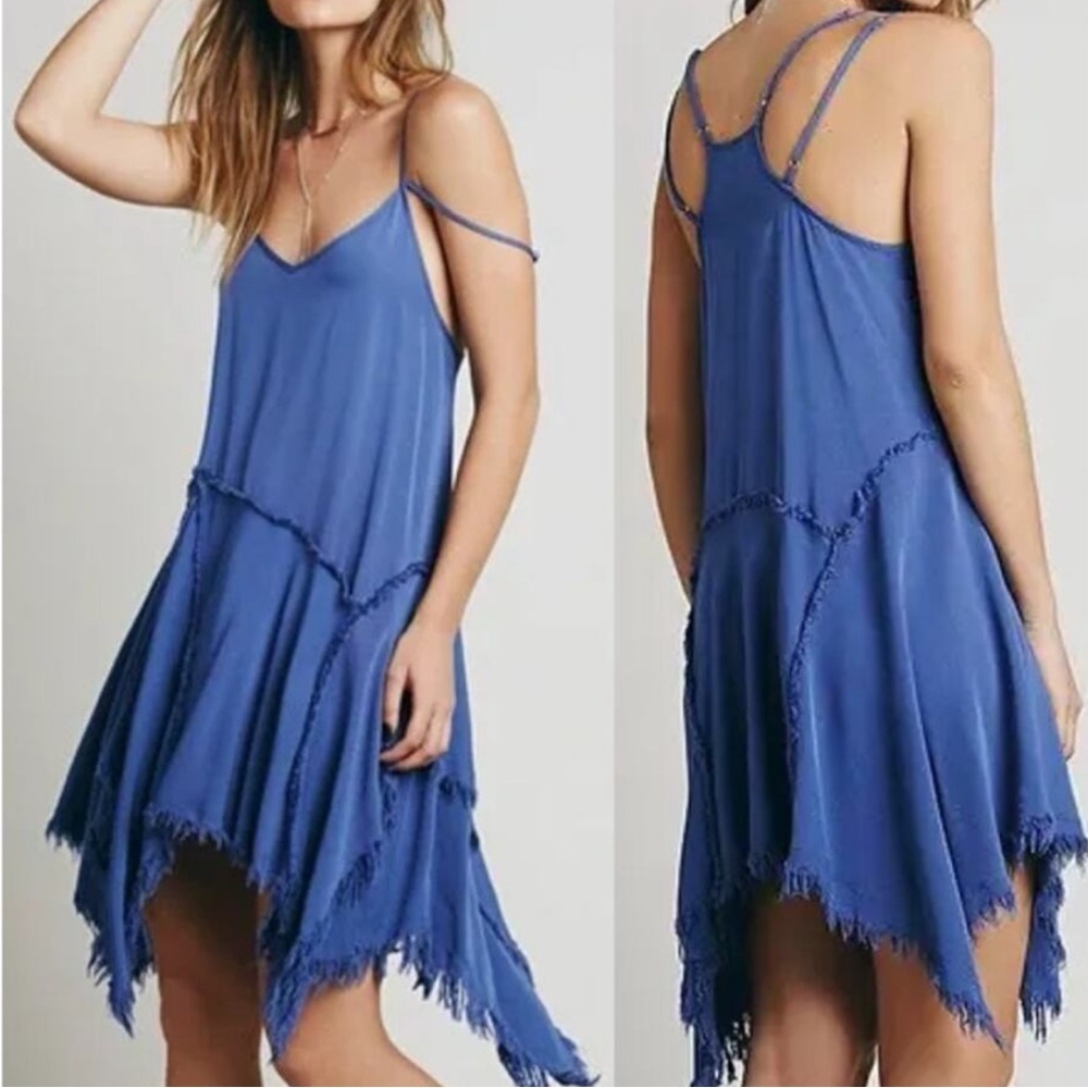Free People Blue Mini Slip Dress with Frayed Hem